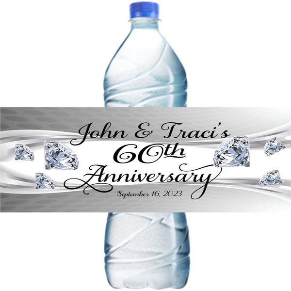(10) Personalized 60th ANNIVERSARY Glossy Water Bottle Labels, Party Favors, 2 Sizes