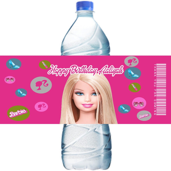 Personalized BARBIE Glossy Water Bottle Labels, Party Favors