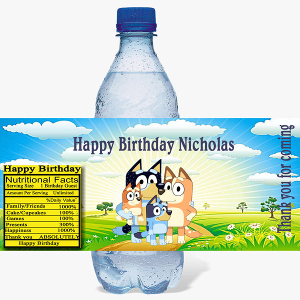 Personalized BLUEY Glossy Water Bottle Labels, Party Favors,