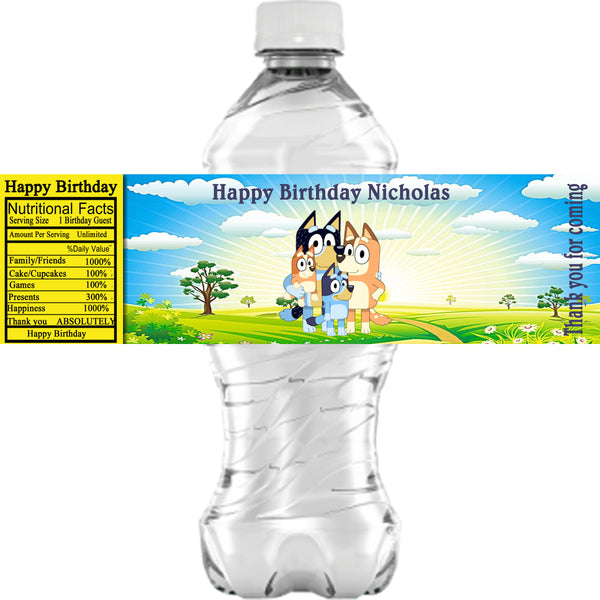 Personalized BLUEY Glossy Water Bottle Labels, Party Favors,