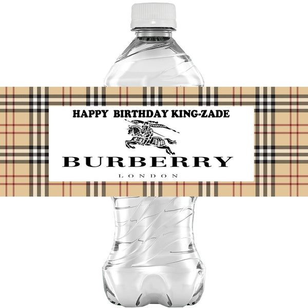 Personalized BURBERRY Glossy Water Bottle Labels, Party Favors