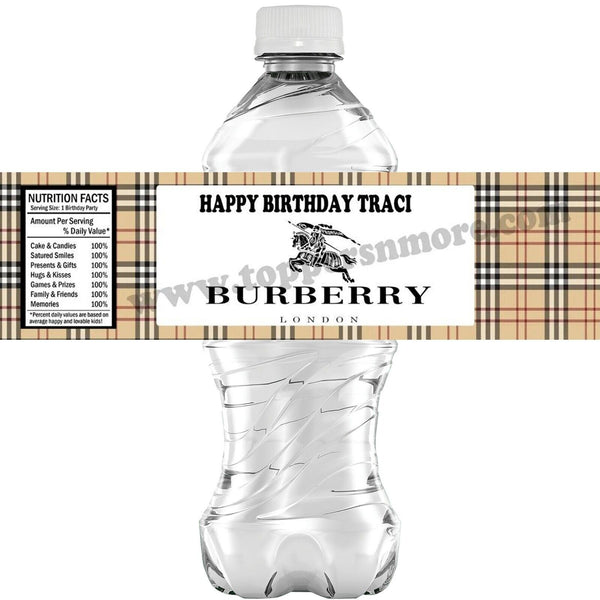 Personalized BURBERRY Glossy Water Bottle Labels, Party Favors
