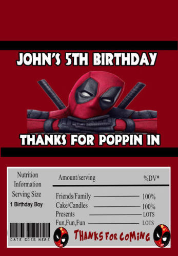 (12) Personalized DEADPOOL Microwave Popcorn Wrappers Party Favors Standard Size