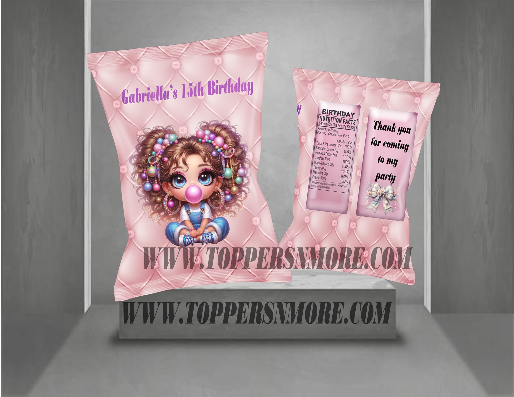 (12) Personalized BRUNETTE GIRL PINK  Chip Candy Treat Bags Party Favors Printed or D. File (Copy)