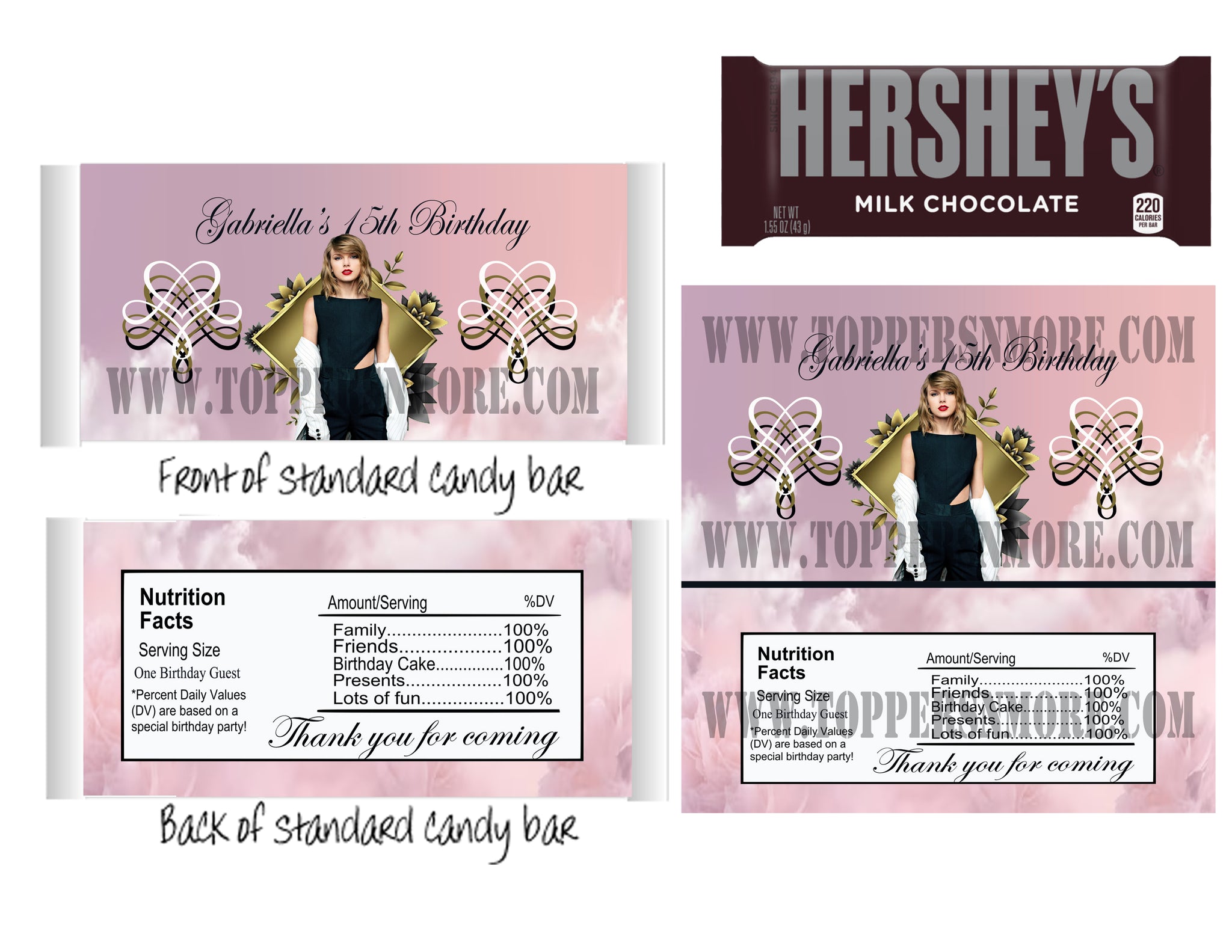 12 Personalized Taylor Swift Candy Hershey Bar Wrappers Party Favors w/Silver Foil
