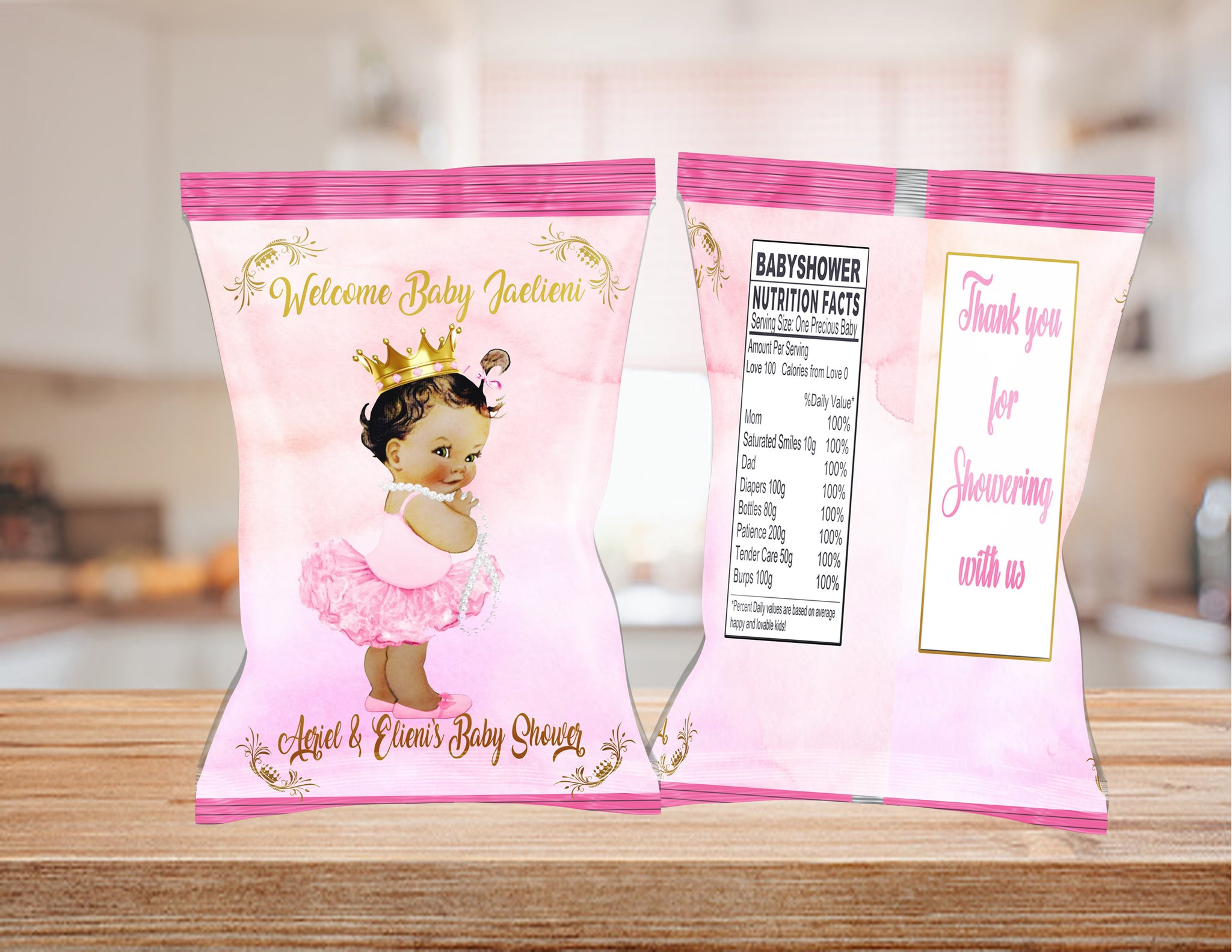 (12) Personalized PRINCESS RUFFLE PINK Chip Candy Treat Bags Party Favors Printed
