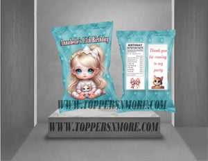 (12) Personalized BLONDE GIRL TEAL BACKGROUND Chip Candy Treat Bags Party Favors Printed