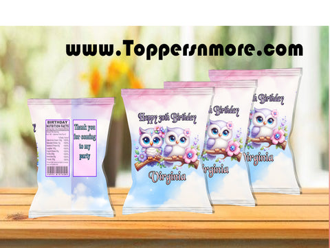 (12) Personalized OWLS Chip Candy Treat Bags Party Favors Printed