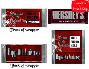 12 Personalized 40TH ANNIVERSARY Candy Bar Hershey Wrappers Party Favors w/Silver Foil