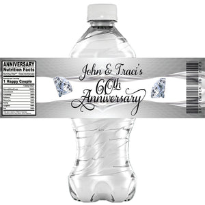 (10) Personalized 60th ANNIVERSARY Glossy Water Bottle Labels, Party Favors, 2 Sizes