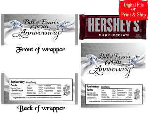 12 Personalized 60TH ANNIVERSARY Candy Hershey Bar Wrappers Party Favors w/Silver Foil