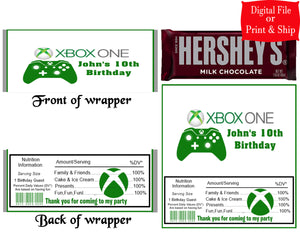12 Personalized XBOX Candy Hershey Bar Wrappers Party Favors w/Silver Foil