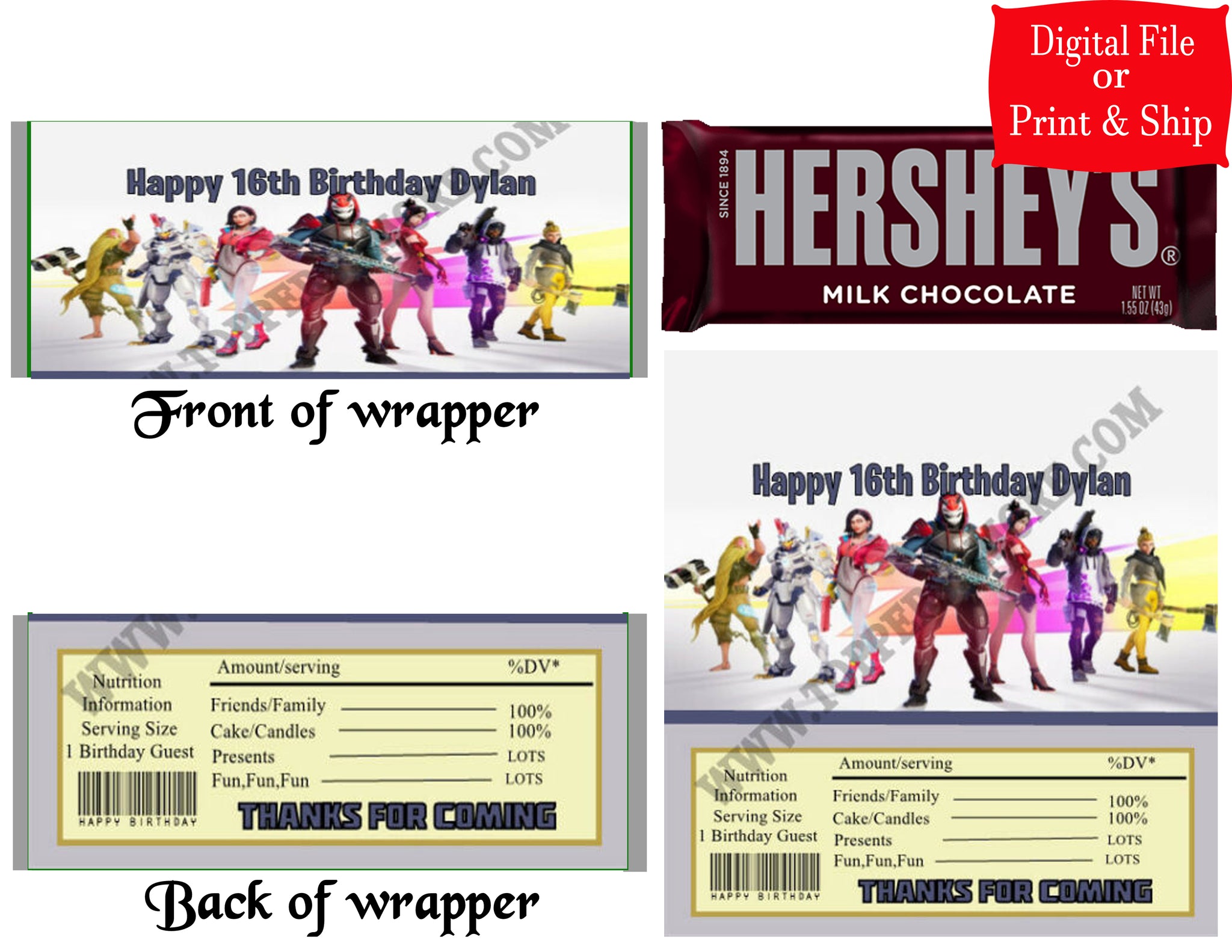 12 Personalized FORTNITE Candy Hershey Bar Wrappers Party Favors w/Silver Foil