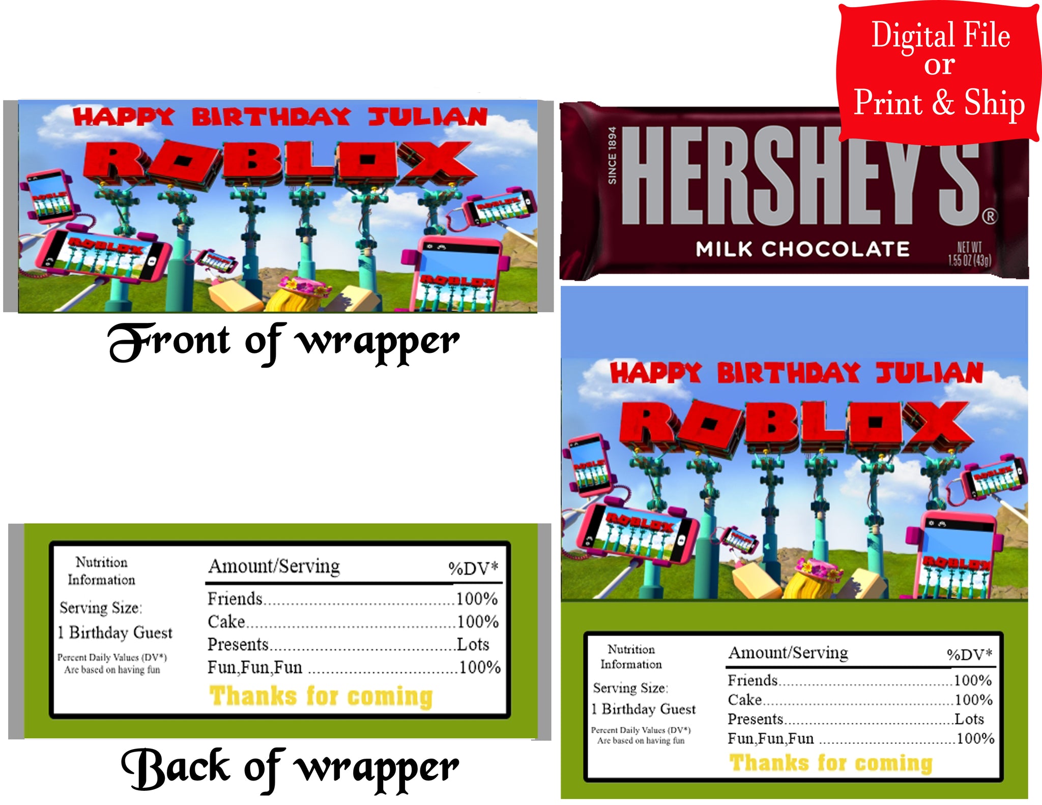 12 Personalized ROBLOX Candy Hershey Bar Wrappers Party Favors w/Silver Foil