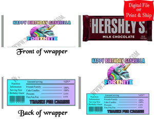 12 Personalized FORTNITE Candy Hershey Bar Wrappers Party Favors w/Silver Foil