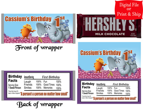 12 Personalized DR. SEUSS HORTON Candy Hershey Bar Wrappers Party Favors w/Silver Foil