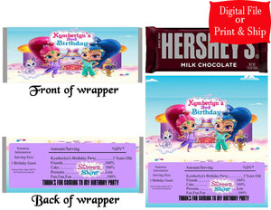 12 Personalized SHIMMER & SHINE Candy Hershey Bar Wrappers Party Favors w/Silver Foil