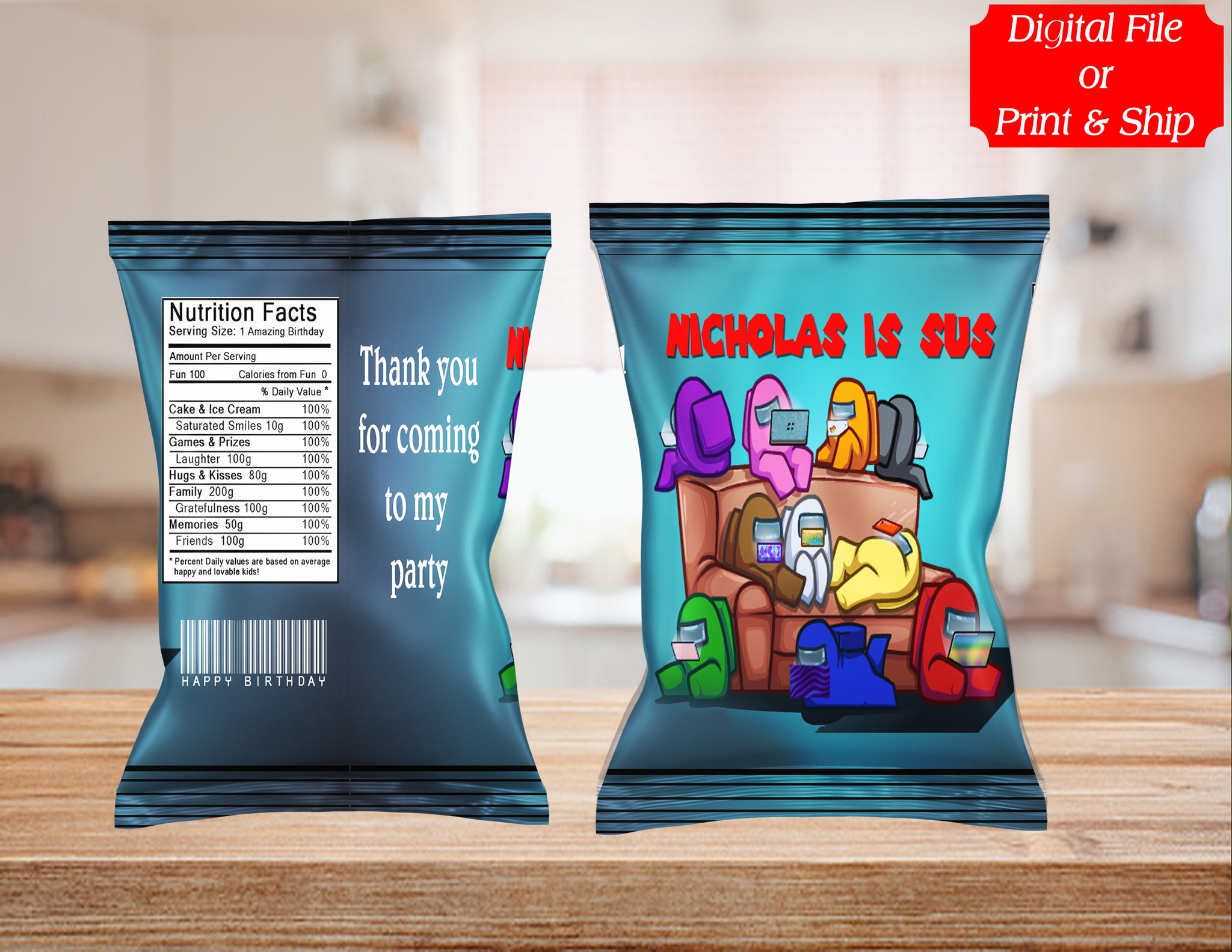 (12) Personalized AMONG US Chip Candy Treat Bags Party Favors Printed or D. File