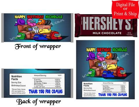 12 Personalized AMONG US Candy Hershey Bar Wrappers Party Favors w/Silver Foil