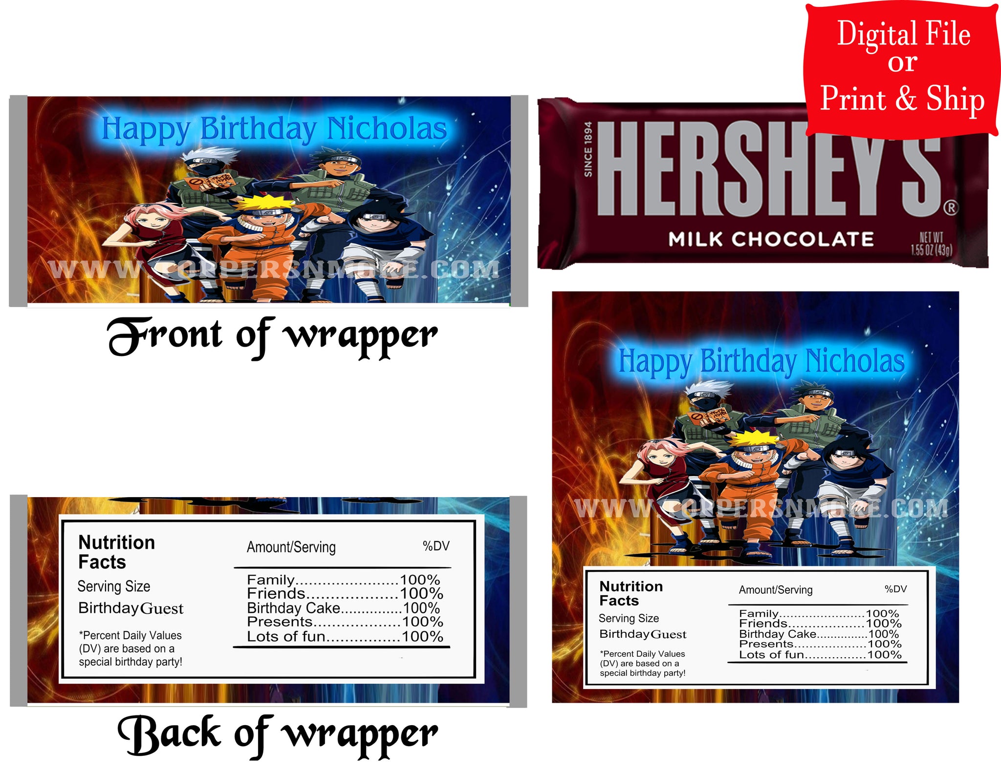 12 Personalized NATURO Candy Hershey Bar Wrappers Party Favors w/Silver Foil