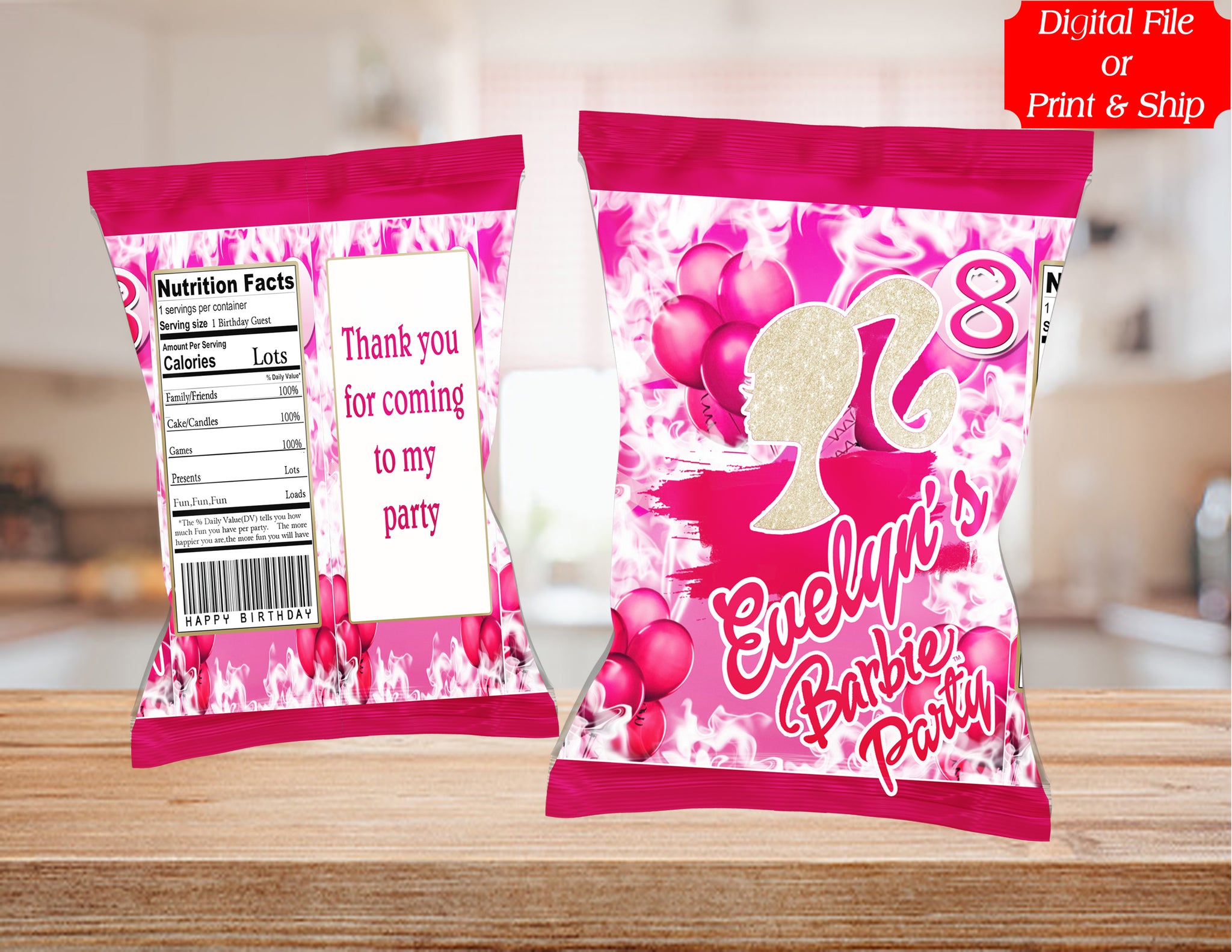(12) Personalized BARBIE Chip Candy Treat Bags Party Favors Printed or D. File