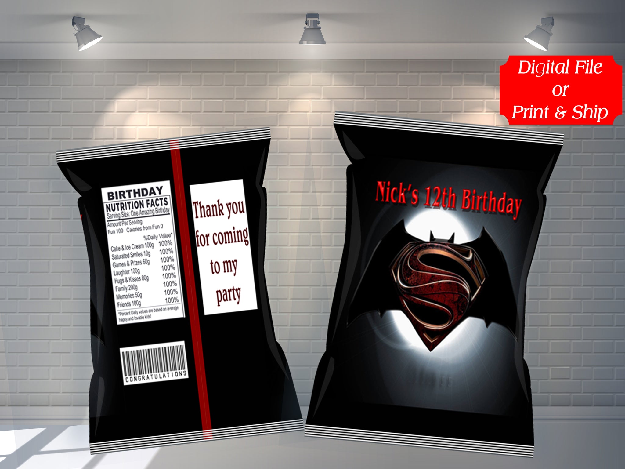 (12) Personalized BATMAN Chip Candy Treat Bags Party Favors Printed or D. File