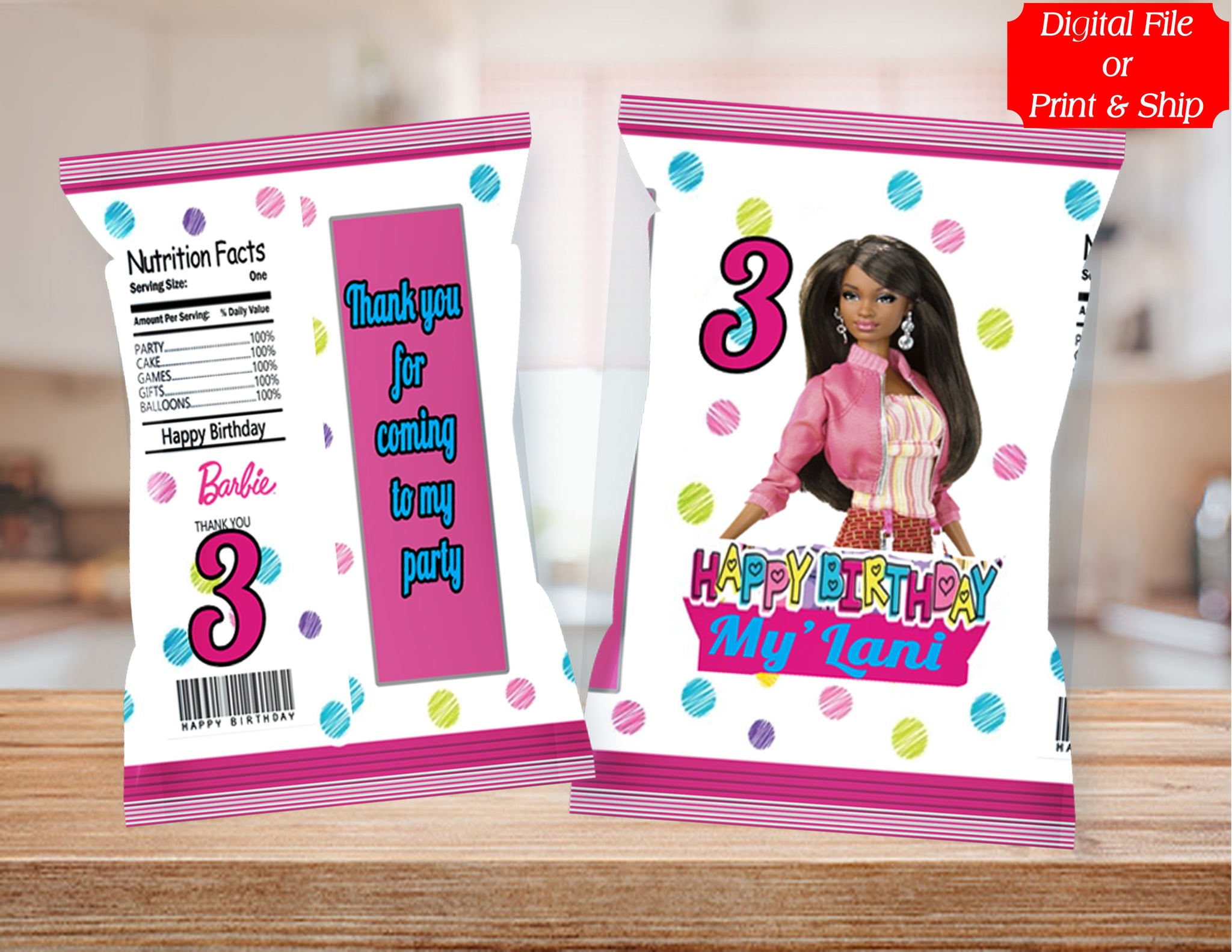 (12) Personalized BARBIE Chip Candy Treat Bags Party Favors Printed or D. File