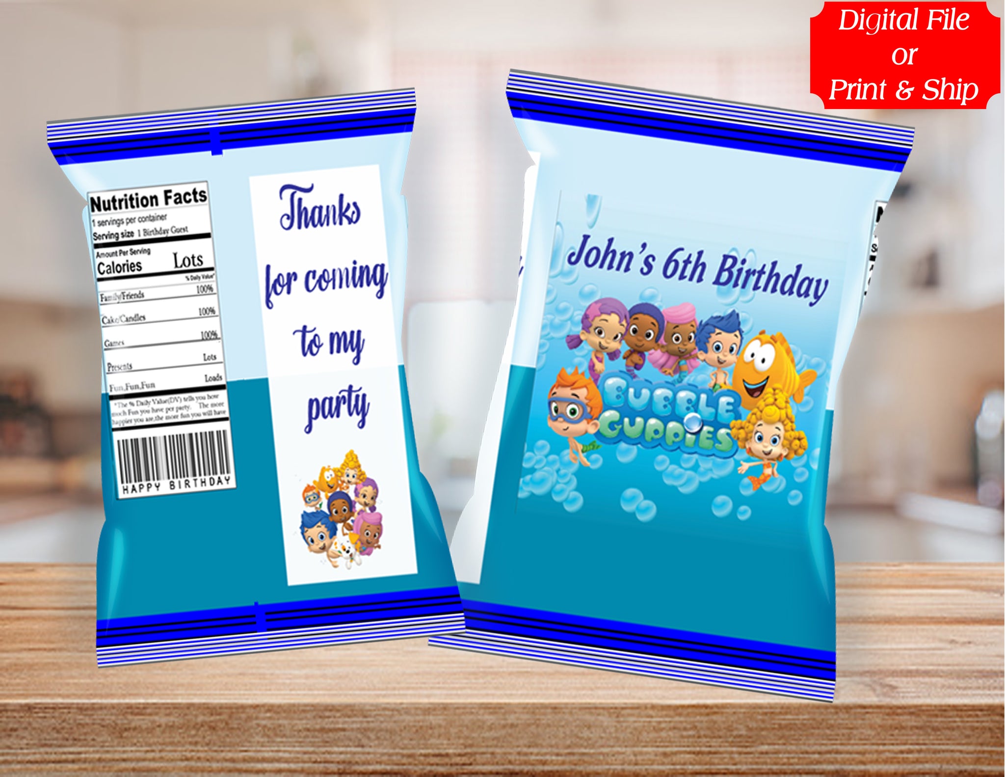 (12) Personalized BUBBLE GUPPIES Chip Candy Treat Bags Party Favors Printed or D. File