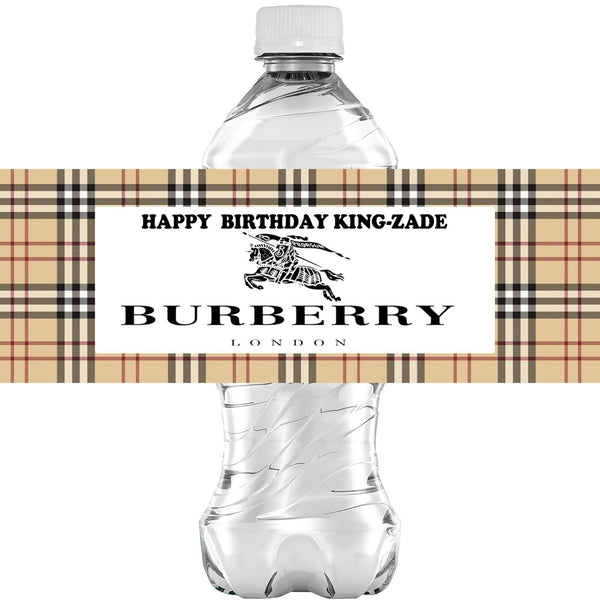 (10) Personalized BURBERRY Glossy Water Bottle Labels, Party Favors, 2 Sizes