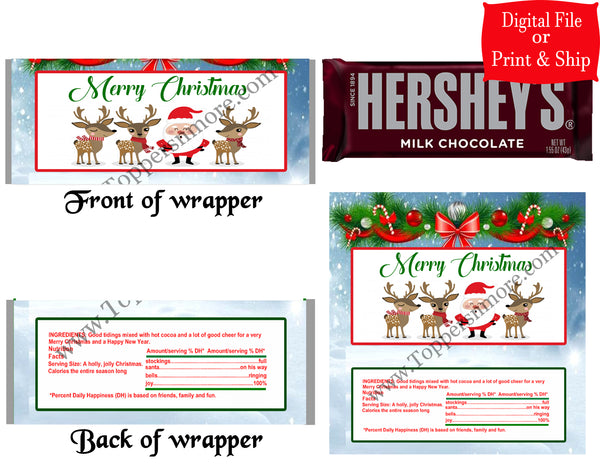 12 Personalized CHRISTMAS Candy Hershey Bar Wrappers Party Favors w/Silver Foil