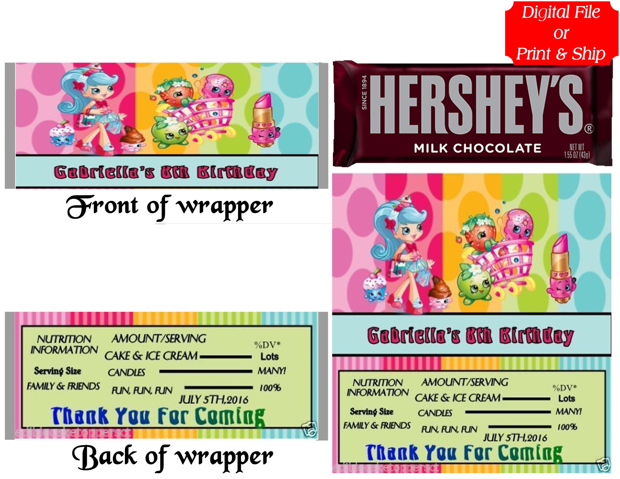 12 Personalized SHOPKINS Candy Hershey Bar Wrappers Party Favors w/Silver Foil