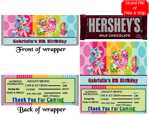 12 Personalized SHOPKINS Candy Hershey Bar Wrappers Party Favors w/Silver Foil