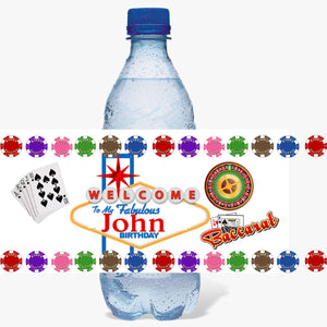 (10) Personalized CASINO Glossy Water Bottle Labels, Party Favors, 2 Sizes
