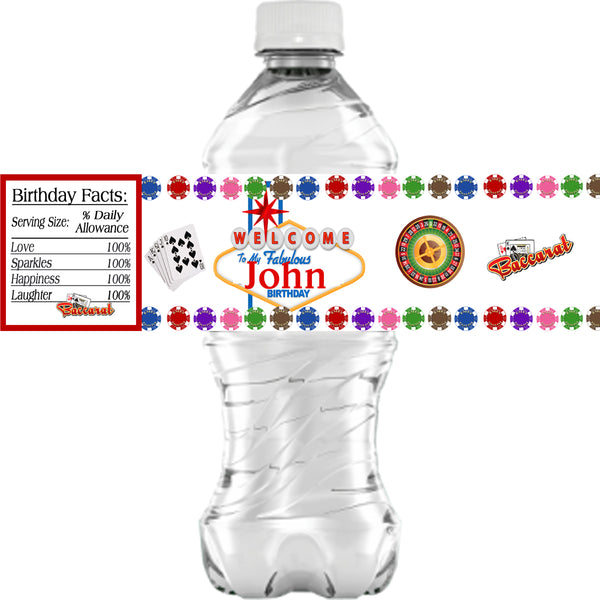(10) Personalized CASINO Glossy Water Bottle Labels, Party Favors, 2 Sizes