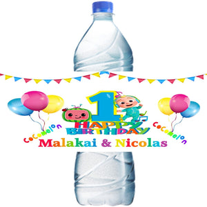 (10) Personalized COCOMELON Glossy Water Bottle Labels, Party Favors, 2 Sizes