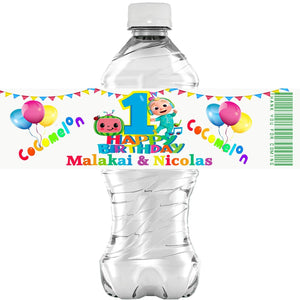 (10) Personalized COCOMELON Glossy Water Bottle Labels, Party Favors, 2 Sizes