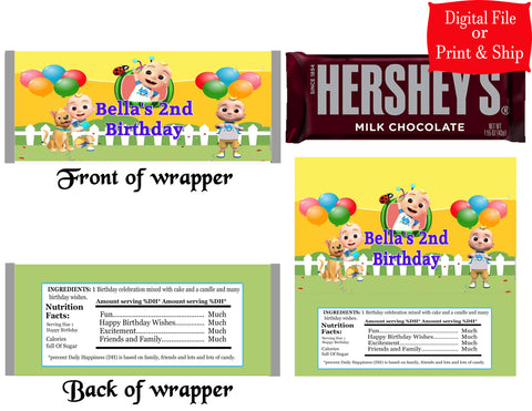 12 Personalized COCOMELON Candy Hershey Bar Wrappers Party Favors w/Silver Foil