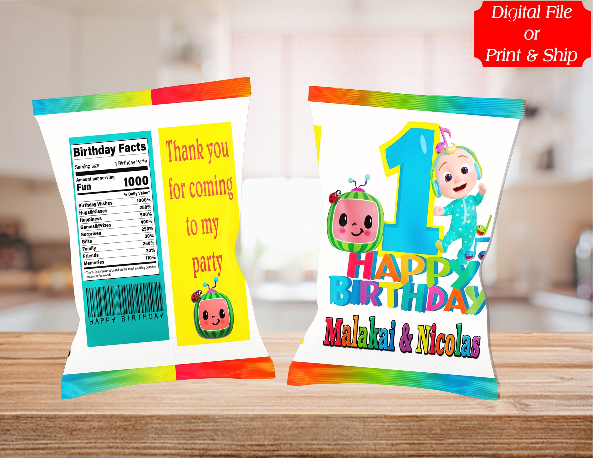 (12) Personalized COCOMELON Chip Candy Treat Bags Party Favors Printed or D. File