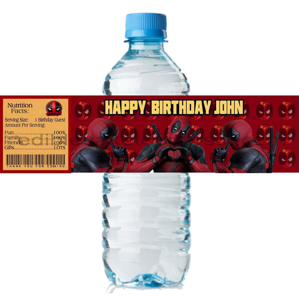 (10) Personalized DEADPOOL Glossy Water Bottle Labels, Party Favors, 2 Sizes