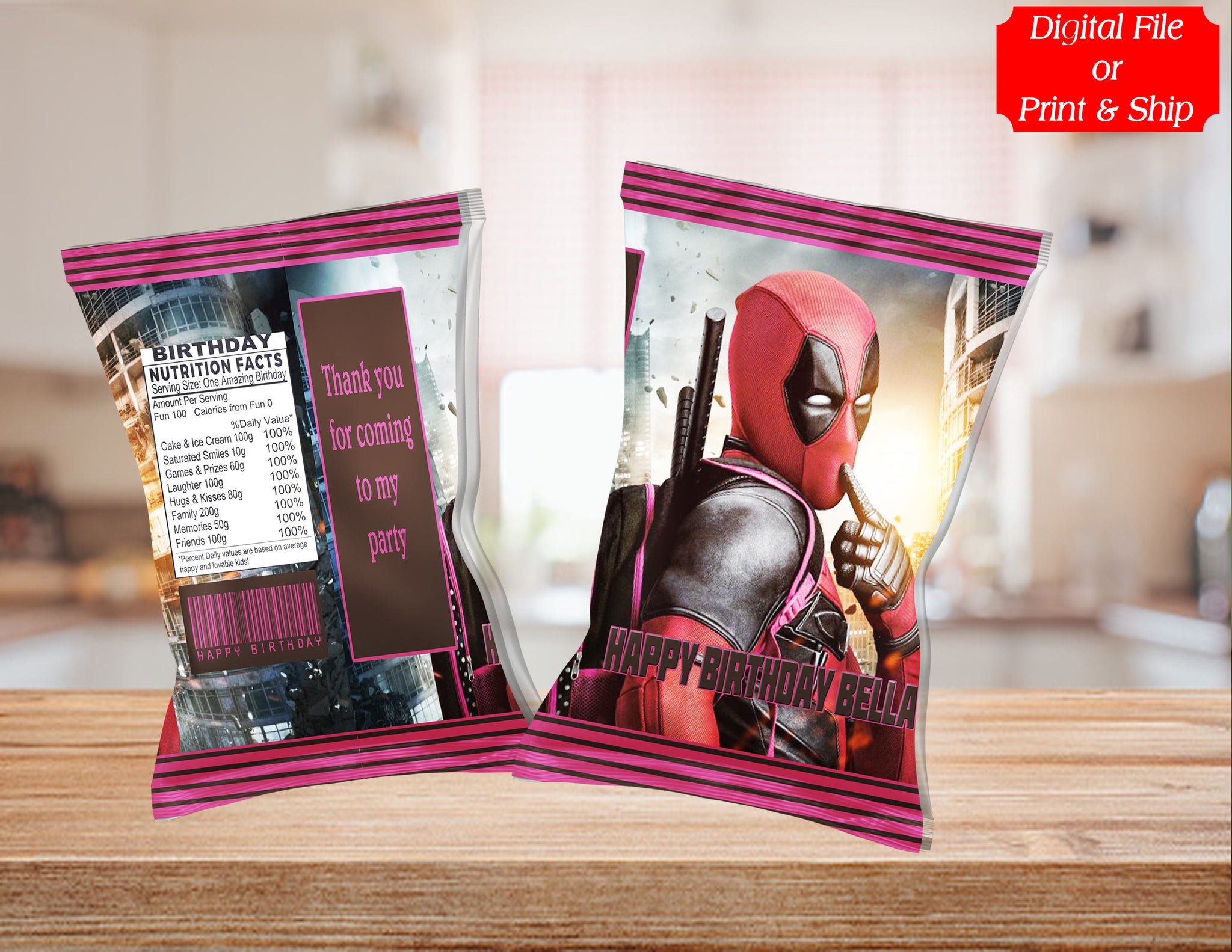 (12) Personalized DEADPOOL Chip Candy Treat Bags Party Favors Printed or D. File
