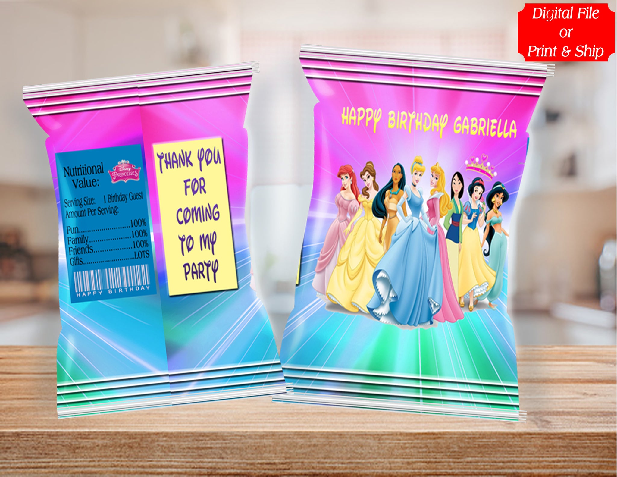 (12) Personalized DISNEY PRINCESSES Chip Candy Treat Bags Party Favors Printed or D. File