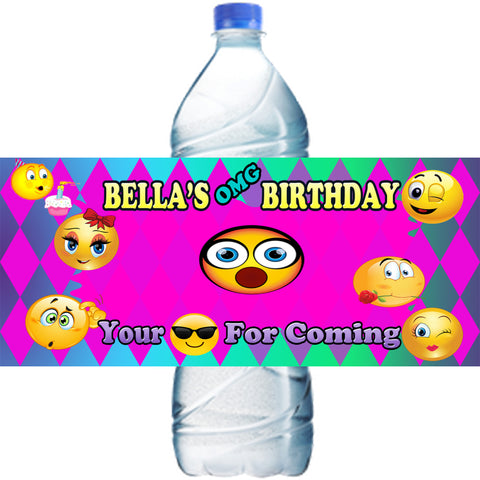(10) Personalized EMOJI Glossy Water Bottle Labels, Party Favors, 2 Sizes