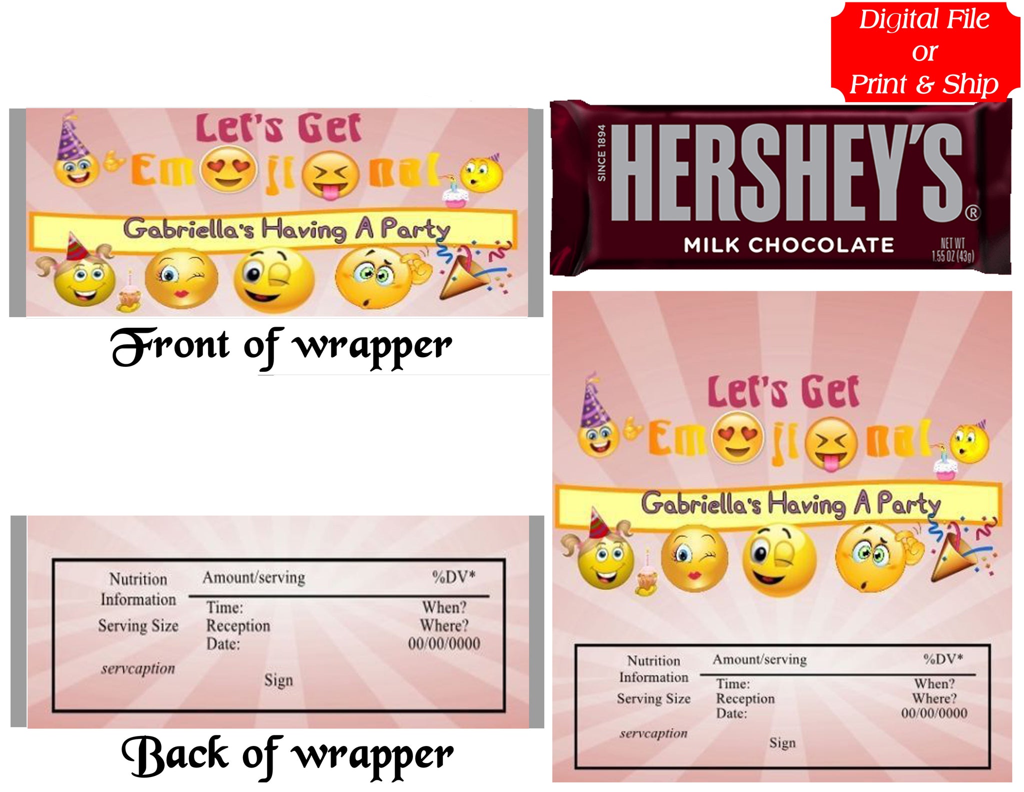 12 Personalized EMOJI Candy Hershey Bar Wrappers Party Favors w/Silver Foil