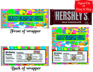 12 Personalized GROOVY Candy Hershey Bar Wrappers Party Favors w/Silver Foil