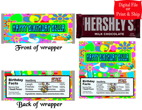 12 Personalized GROOVY Candy Hershey Bar Wrappers Party Favors w/Silver Foil