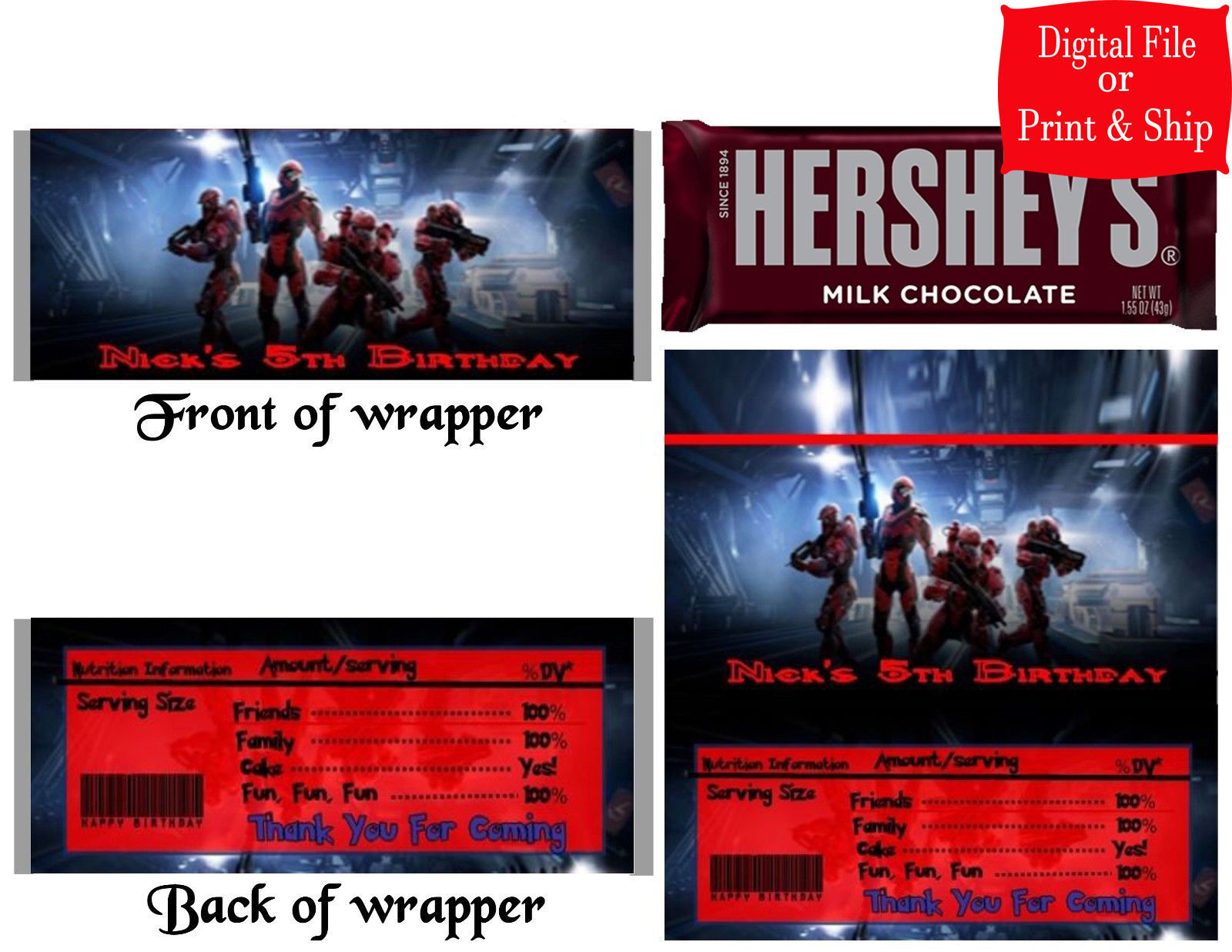 12 Personalized HALO Candy Hershey Bar Wrappers Party Favors w/Silver Foil