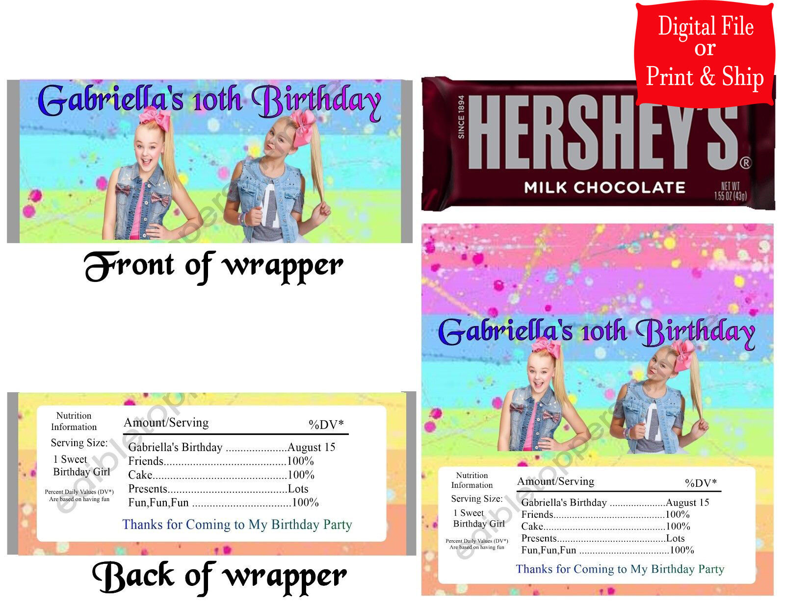 12 Personalized JOJO SIWA Candy Hershey Bar Wrappers Party Favors w/Silver Foil