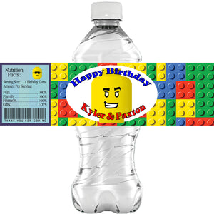 (10) Personalized LEGO Glossy Water Bottle Labels, Party Favors, 2 Sizes