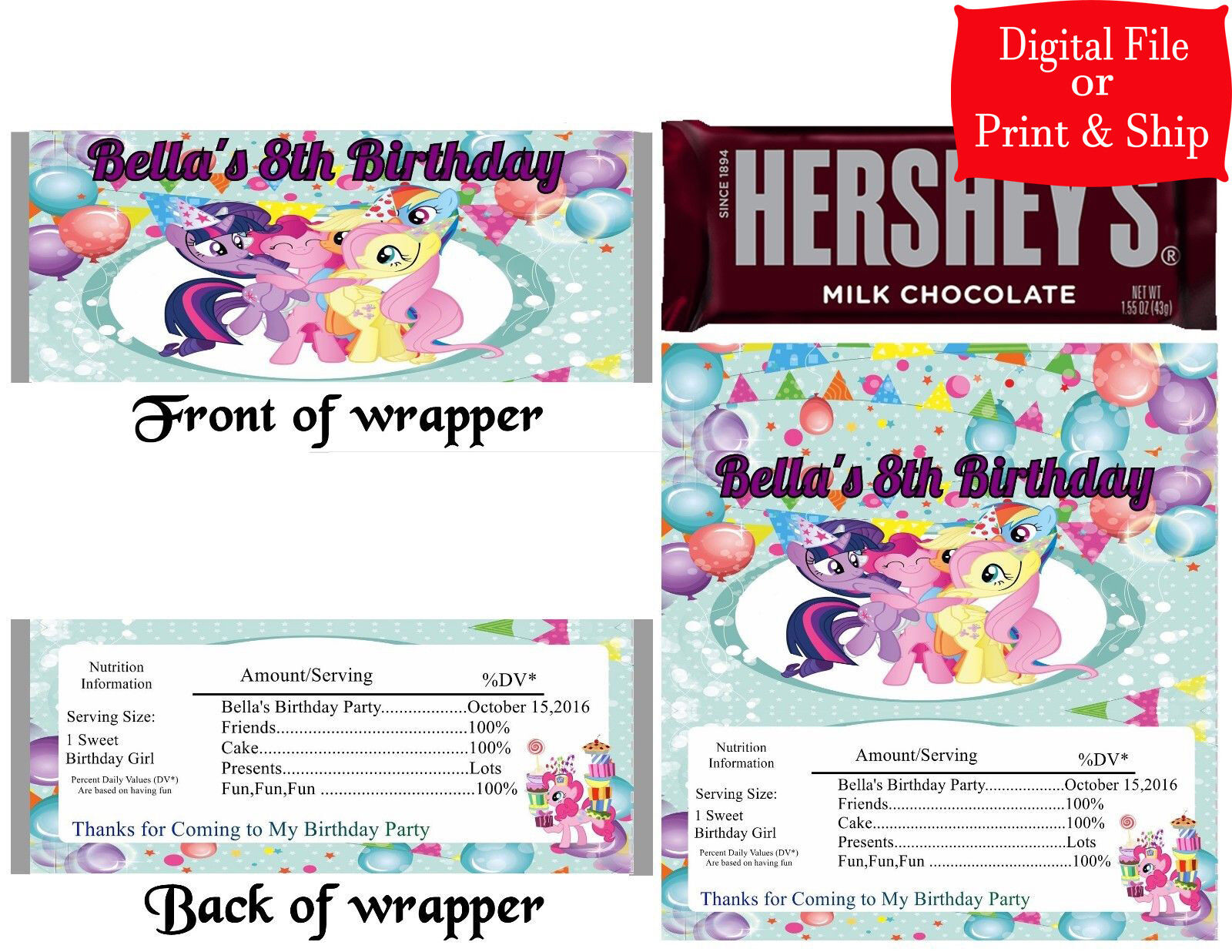 12 Personalized MY LITTLE PONY Candy Hershey Bar Wrappers Party Favors w/Silver Foil