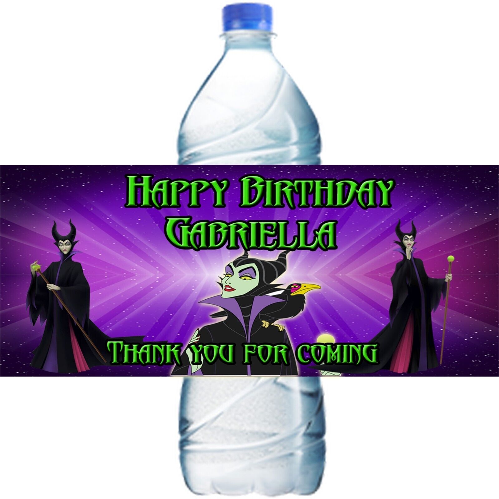 (10) Personalized DISNEY'S MALEFICENT Glossy Water Bottle Labels, Party Favors, 2 Sizes